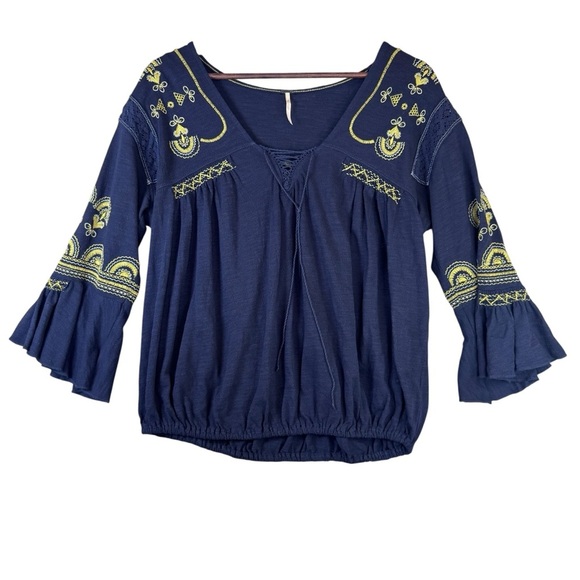 Free People Navy Blue Boho Yellow Embroidered Blouse - Picture 1 of 13